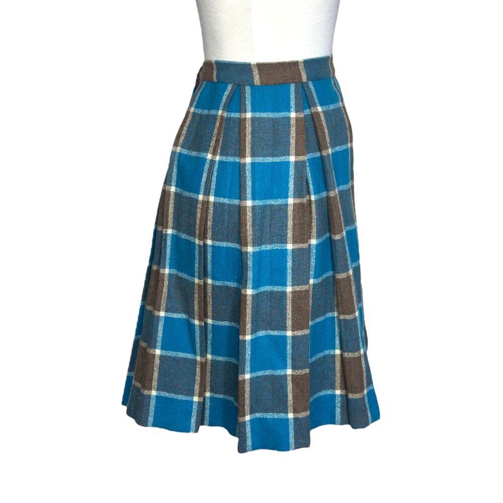 1970's Handmade Plaid Skirt Midi A-Line Pleated Barbiecore Blue and Brown Wool - Picture 4 of 10